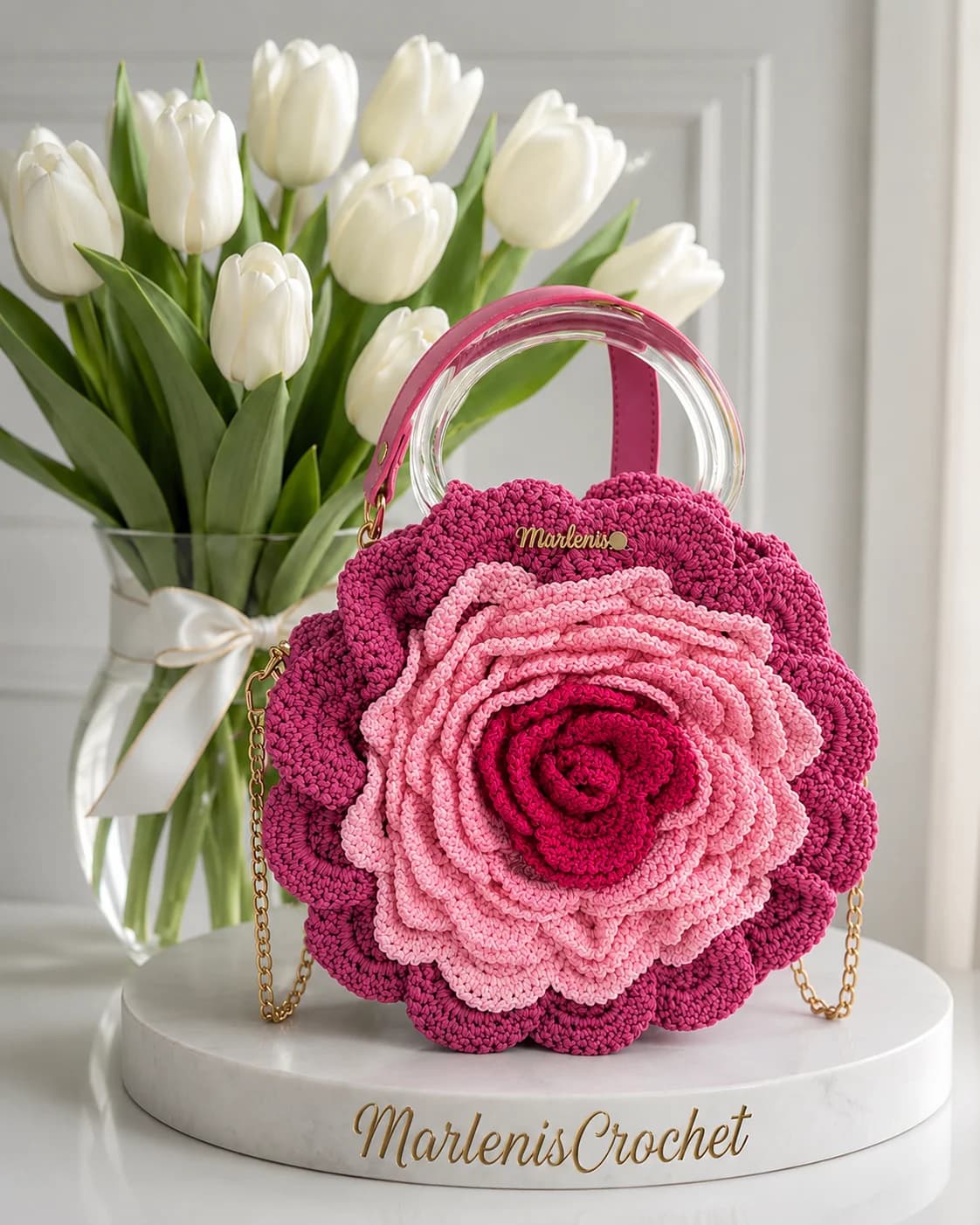 Marlenis Crochet — handcrafted rose handbag with white tulips